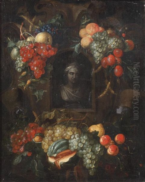 A Sculpted Bust In A In A Niche Surrounded With Swags Of Fruit Oil Painting by Alexander Coosemans