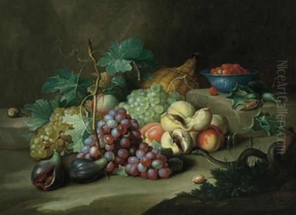 Stillleben Mit Weintrauben, Feigen, Pfirsichen, Erdbeeren Und Einer Korbflasche Oil Painting by Alexander Coosemans