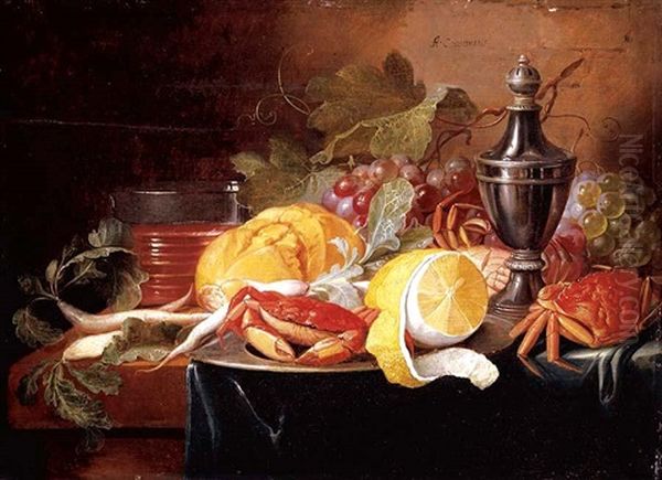 A Still Life With Grapes, A Lemon, Crabs And Bread Upon Pewter Dishes With A Silver Salt On A Wooden Table Oil Painting by Alexander Coosemans