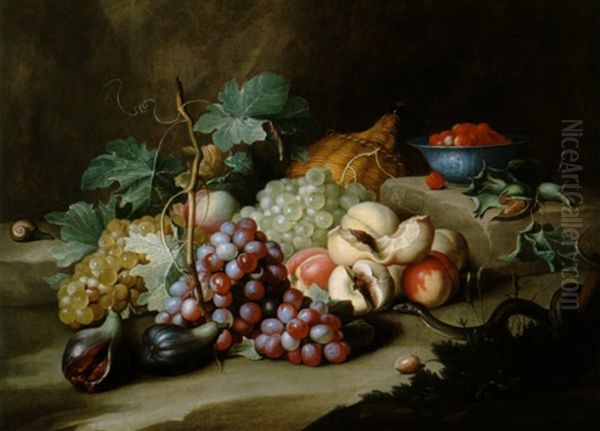 Stillleben Mit Weintrauben, Feigen, Pfirsichen, Erdbeeren Und Einer Korbflasche Oil Painting by Alexander Coosemans