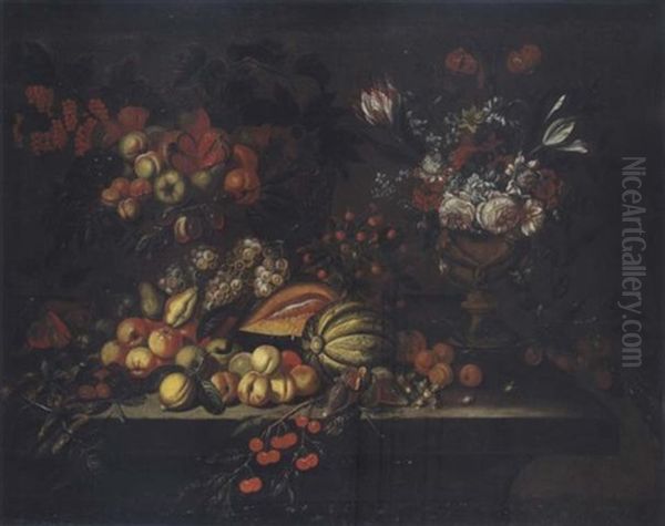 Nature Morte Au Bouquet De Fleurs Et Fruits Sur Un Entablement Oil Painting by Alexander Coosemans