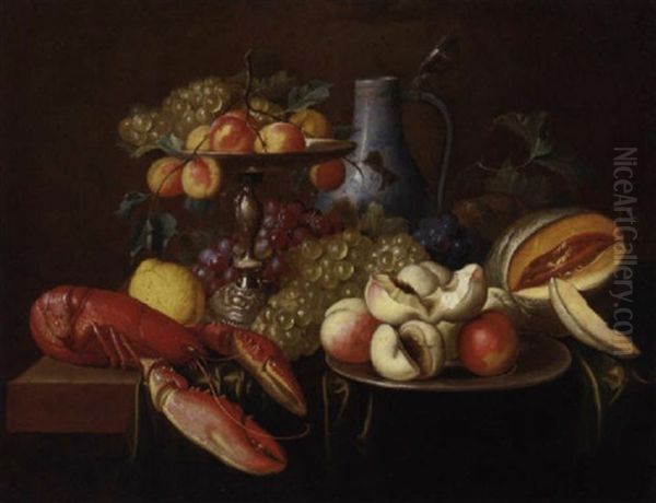 Peaches And Grapes On A Silver Tazza, A Porcelain Ewer And Peaches On A Silver Platter With A Lobster, Lemon, Bunches Of Grapes And A Melon On A Table Oil Painting by Alexander Coosemans