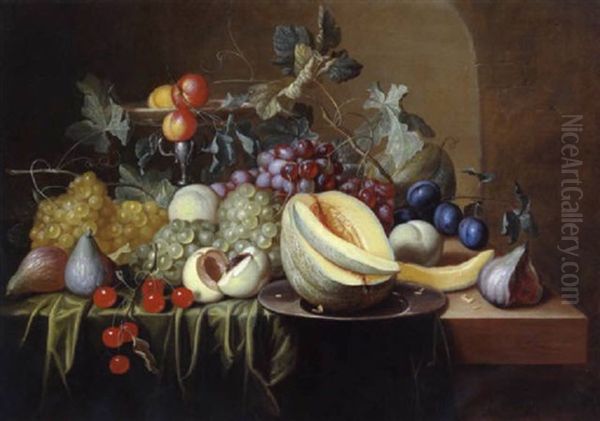 Stilleben Mi Weintrauben, Melone, Pfirsichen Und Anderen Fruchten Sowie Einer Silbernen Tazza Oil Painting by Alexander Coosemans