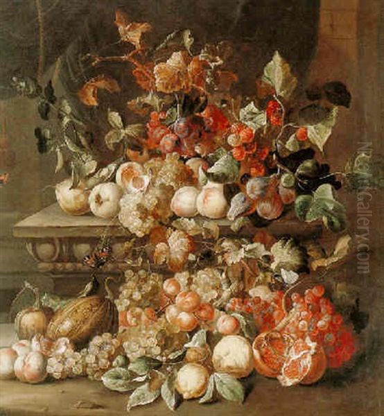 Still Life Of Grapes, Figs, Raspberries, A Pomegranate And Other Fruit On A Carved Stone Ledge Oil Painting by Alexander Coosemans