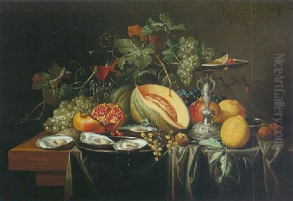 Still Life Melons, Pomegranates, Grapes And Other Fruits All On A Table Draped With A Grey Cloth Oil Painting by Alexander Coosemans