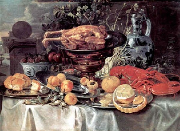 A Still Life With Fruit, Bread, Lobster And A Roasted Chicken On A Golden Plate In A Palace Garden by Alexander Coosemans