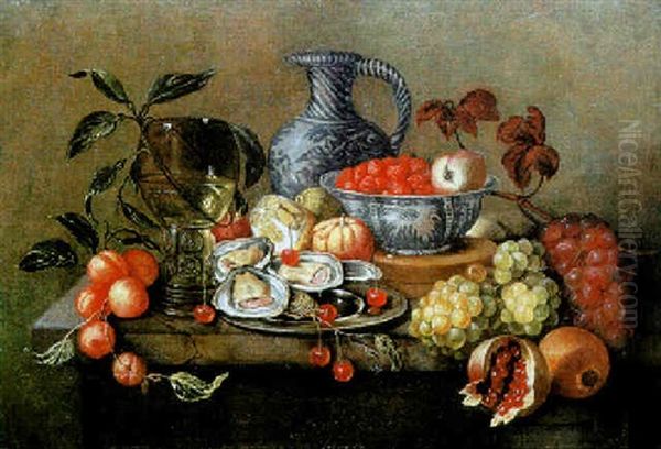 Nature Morte Aux Fruits, Plat D'huitres Et Rhomer Sur Un Entablement Oil Painting by Alexander Coosemans