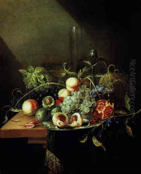 Stilleben Mit Pfirsichen, Weintrauben, Nussen, Pflaumen Und Einem Granatapfel, Einer Karaffe Und Zwei Weinglasern Oil Painting by Alexander Coosemans