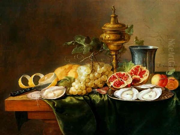 A Pronk Still Life With A Gilt Cup And Cover, With Fruits, Oysters On A Pewter Plate Oil Painting by Alexander Coosemans