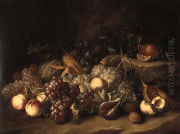 Fruktstilleben Med Druvor, Persikor Och Majs Oil Painting by Alexander Coosemans