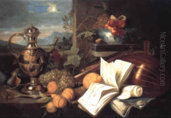 A Silver Ewer On A Dish, Musical Instruments And Fruits On A Draped Table Oil Painting by Alexander Coosemans