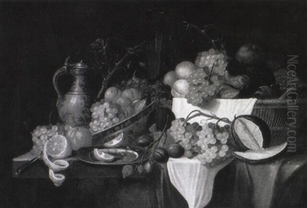 Nature Morte Au Panier De Fruits Et Faiences De Delft Oil Painting by Alexander Coosemans