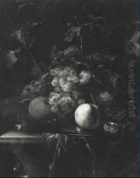 Still Life With Fruit On A Pewter Plate Resting On A Draped Table Oil Painting by Alexander Coosemans