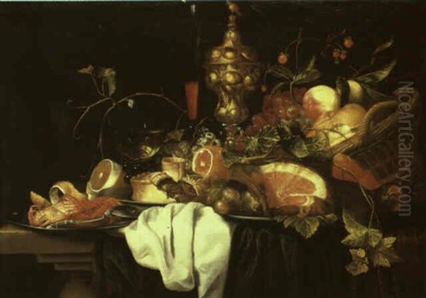 Still Life Of A Crab On A Pewter Plate, Lemon, Pie And A Basket On A Table Oil Painting by Alexander Coosemans