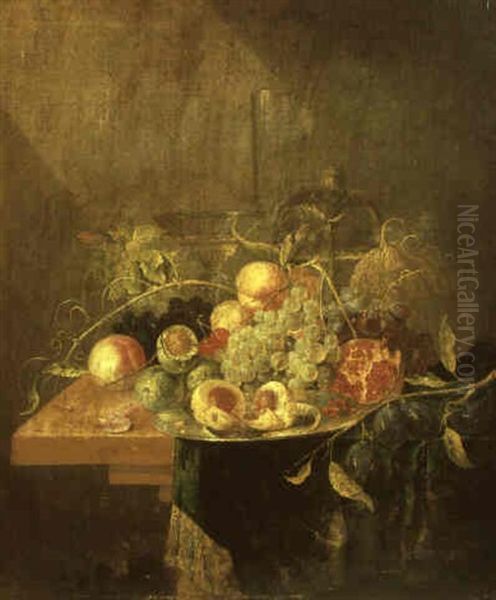 Still Life With Fruit, A Prawn, A Silver Plate And Glasses On A Table Oil Painting by Alexander Coosemans