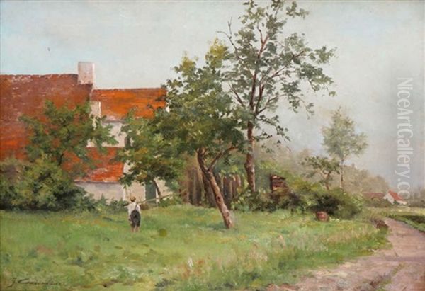 Stadsgezicht Met Jongetje Bij Hoeve Oil Painting by Joseph Theodore Coosemans