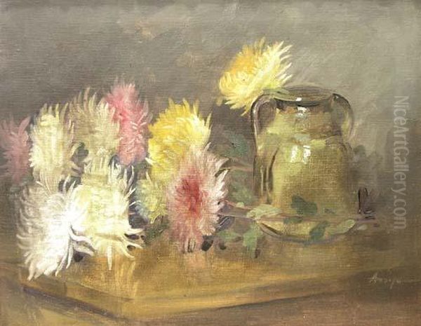 Chrysanthema And Pot Oil Painting by Nicolae Angelescu