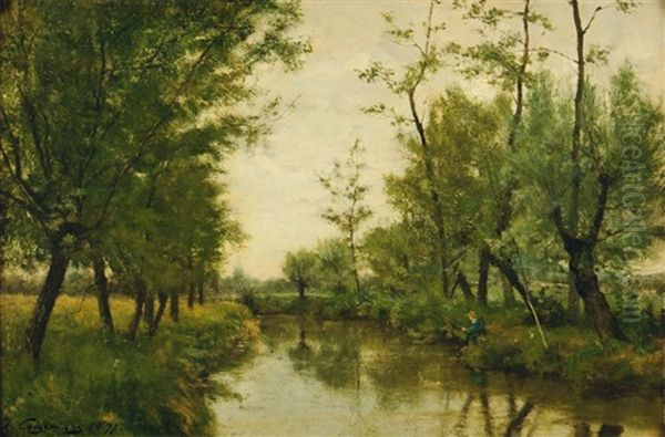 Pecheur En Bord De Riviere Oil Painting by Joseph Theodore Coosemans