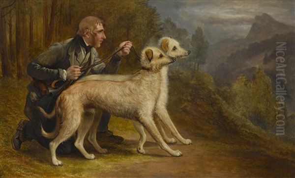 The Marquis Of Huntley's Pair Of Deerhounds, 'narren' And 'gaivney' In A Highland Landscape Oil Painting by Charles West Cope