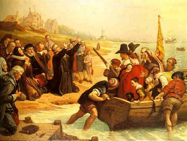 The Pilgrim Fathers - Departure Of A Puritan Family For New England Oil Painting by Charles West Cope