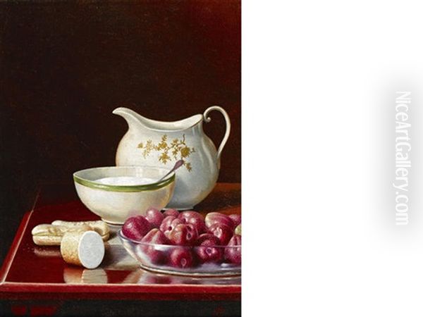 Still Life With Berries, Sugar, And Cream Pitcher Oil Painting by George Cope