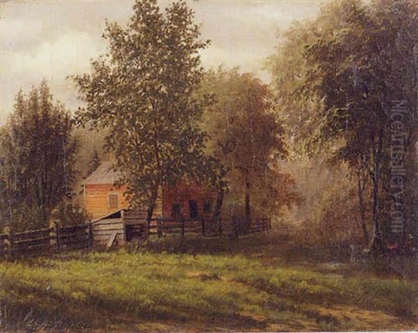 Landscape Of A Barn With A Figure At A Campfire Oil Painting by George Cope