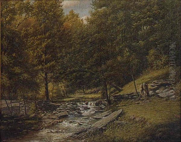 Landscape Of A Stream, Surrounding Trees And Stone Walls Oil Painting by George Cope