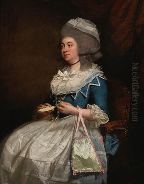 Portrait Of A Lady, Said To Be Charlotte Pochin Of Barkby Hall, Leicestershire, Three-quarter-length, In A Blue Dress With A Lace Bonnet, Holding An Ivory Knotting-shuttle Oil Painting by John Singleton Copley