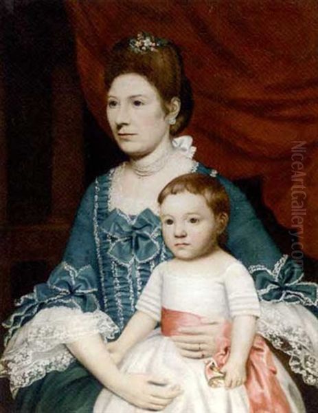 Portrait Of A Lady, Seated In A Blue Silk Dress With Ribbons And Her Child In White Oil Painting by John Singleton Copley