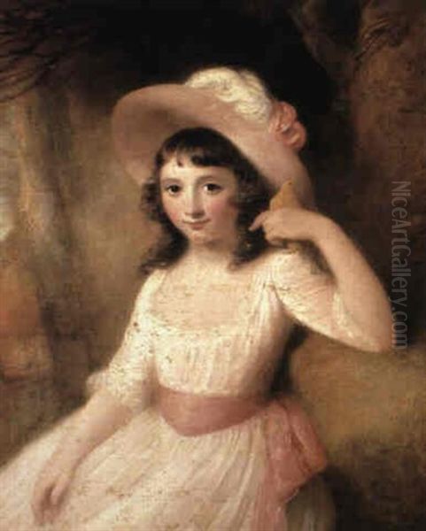 Portrait Of A Young Girl Seated Three Quarter Length        Wearing A White Dress With A Pink Sash And Hat, In Her Left Oil Painting by John Singleton Copley