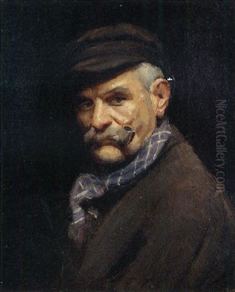 Portrait Of A Gentleman Wearing A Cap, Smoking A Pipe Oil Painting by Frank Thomas Copnall