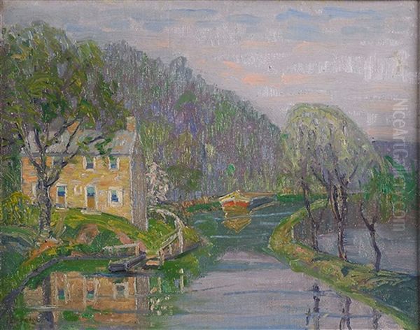 Untitled (grandpop Young's House On The Canal In Lumberville) Oil Painting by Fern Isabel Coppedge