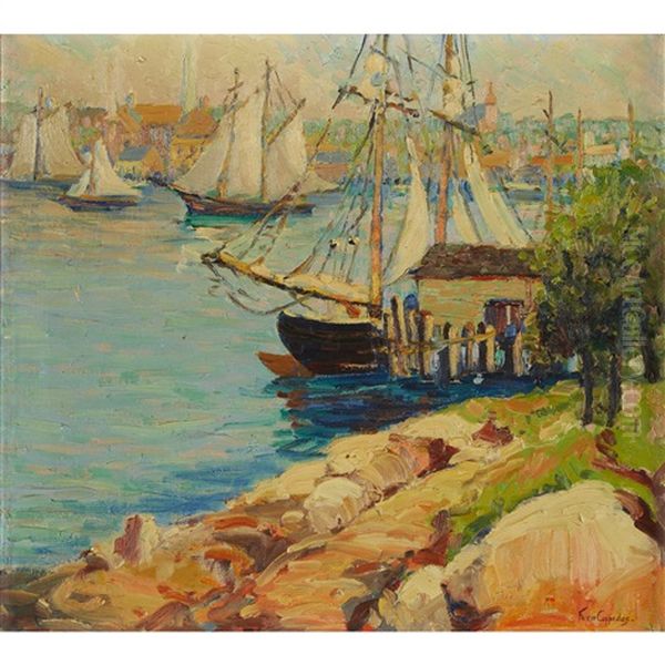 Ships Off The Coast Oil Painting by Fern Isabel Coppedge