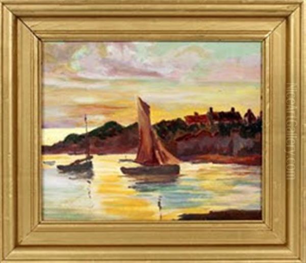 Coastal Landscape With Sailboats Oil Painting by Fern Isabel Coppedge