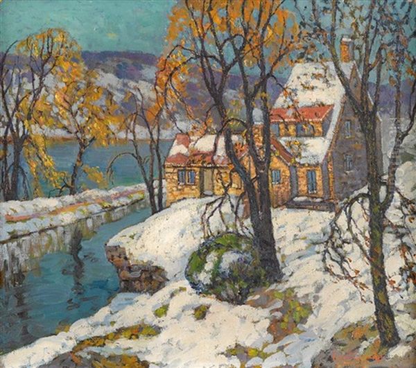 Yellow House On The Delaware Oil Painting by Fern Isabel Coppedge