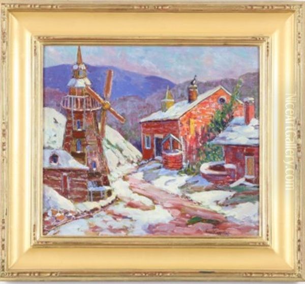 Winter Village With Windmill Oil Painting by Fern Isabel Coppedge