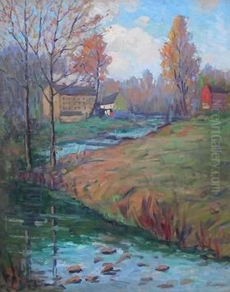 Impressionist Autumn Landscape With A Farm On The Banks Of A Winding Creek Oil Painting by Fern Isabel Coppedge