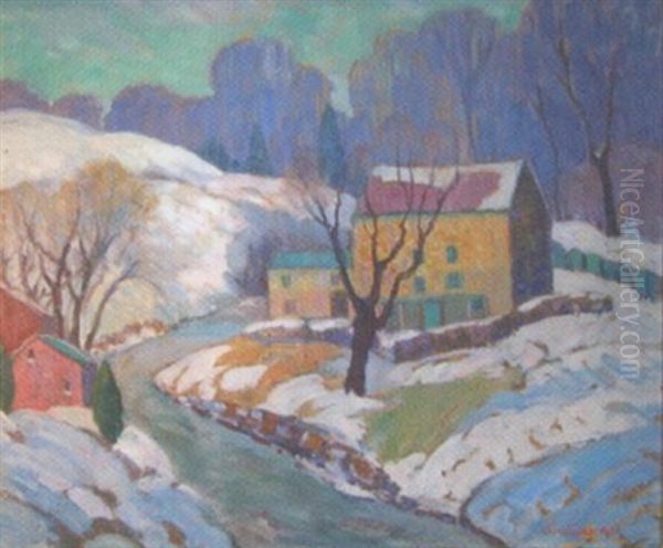 Winter Landscape Depicting Buildings On Roadside Oil Painting by Fern Isabel Coppedge