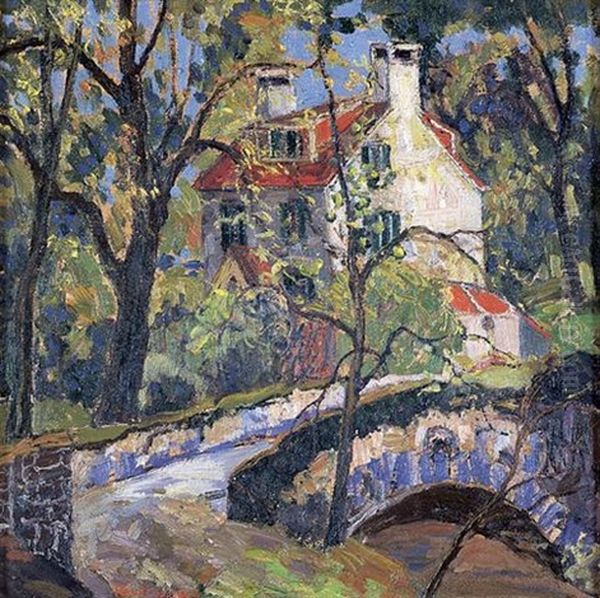 House With A Red Roof By A Stone Bridge Oil Painting by Fern Isabel Coppedge