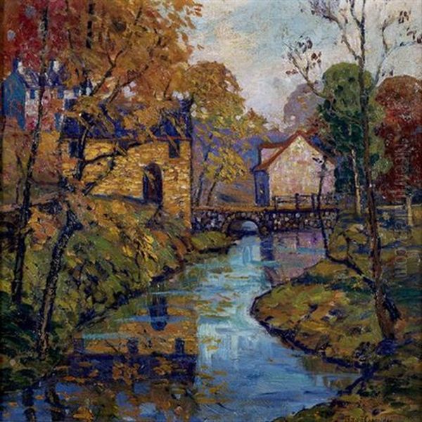 Houses Along A Stream, Early Autumn Oil Painting by Fern Isabel Coppedge