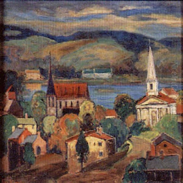 Twin Churches Overlooking The Delaware River Oil Painting by Fern Isabel Coppedge