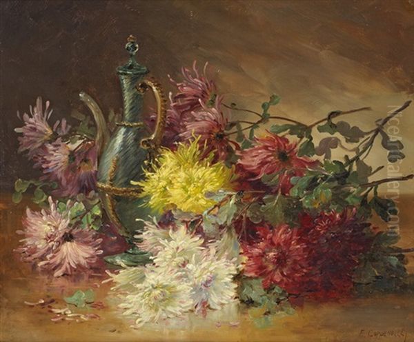 Blumenstillleben Mit Chrysanthemen Oil Painting by Edmond Van Coppenolle