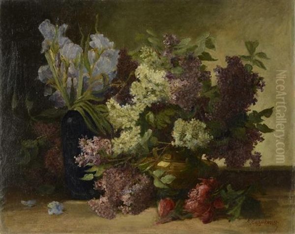 Nature Morte Aux Vases De Lilas Et Iris Oil Painting by Edmond Van Coppenolle