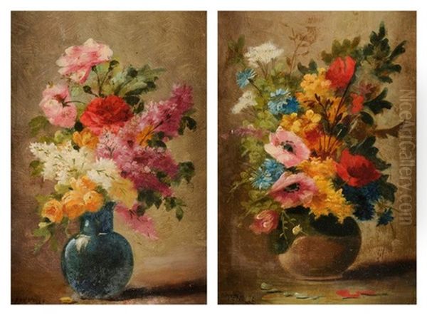 Bouquets Sauvages (pair) Oil Painting by Edmond Van Coppenolle