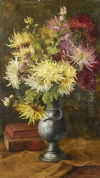 Still Life Of Flowers And Books Oil Painting by Edmond Van Coppenolle