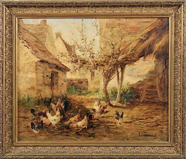 Poules Et Coq Dans Une Basse Cour Oil Painting by Edmond Van Coppenolle