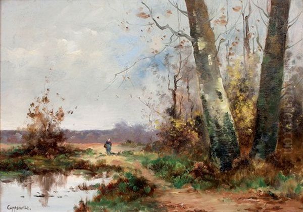 Paysanne Pres D'un Etang En Lisiere De Foret Oil Painting by Edmond Van Coppenolle