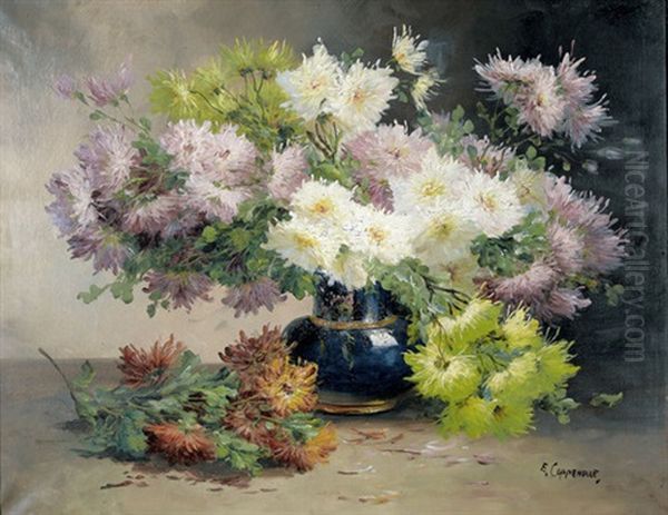 Stillleben Mit Dahlien In Blauer Vase Oil Painting by Edmond Van Coppenolle