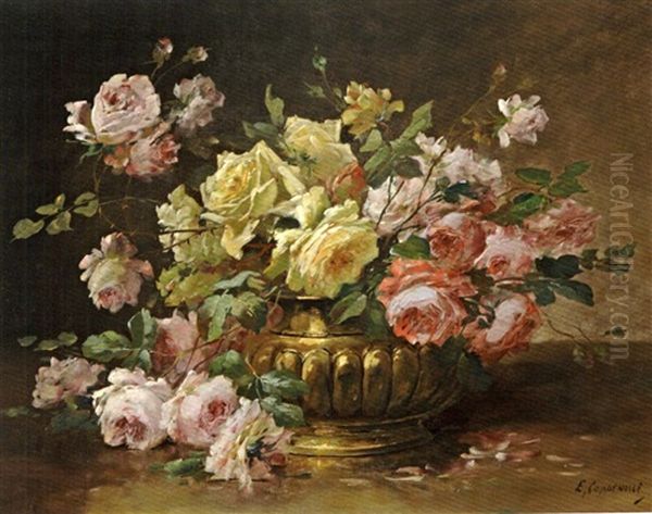 Bouquet De Roses Au Vase De Cuivre Oil Painting by Edmond Van Coppenolle