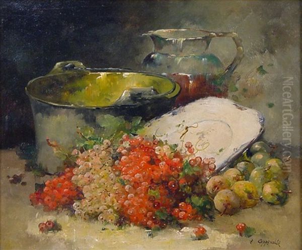 Variastilleben Mit Einem Krug, Kessel, Einer Platte Sowie Johannisbeeren Und Pflaumen Oil Painting by Edmond Van Coppenolle